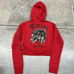 vintage ed hardy tattoo rose panther red zip up cropped zip up hoodie WOMENS